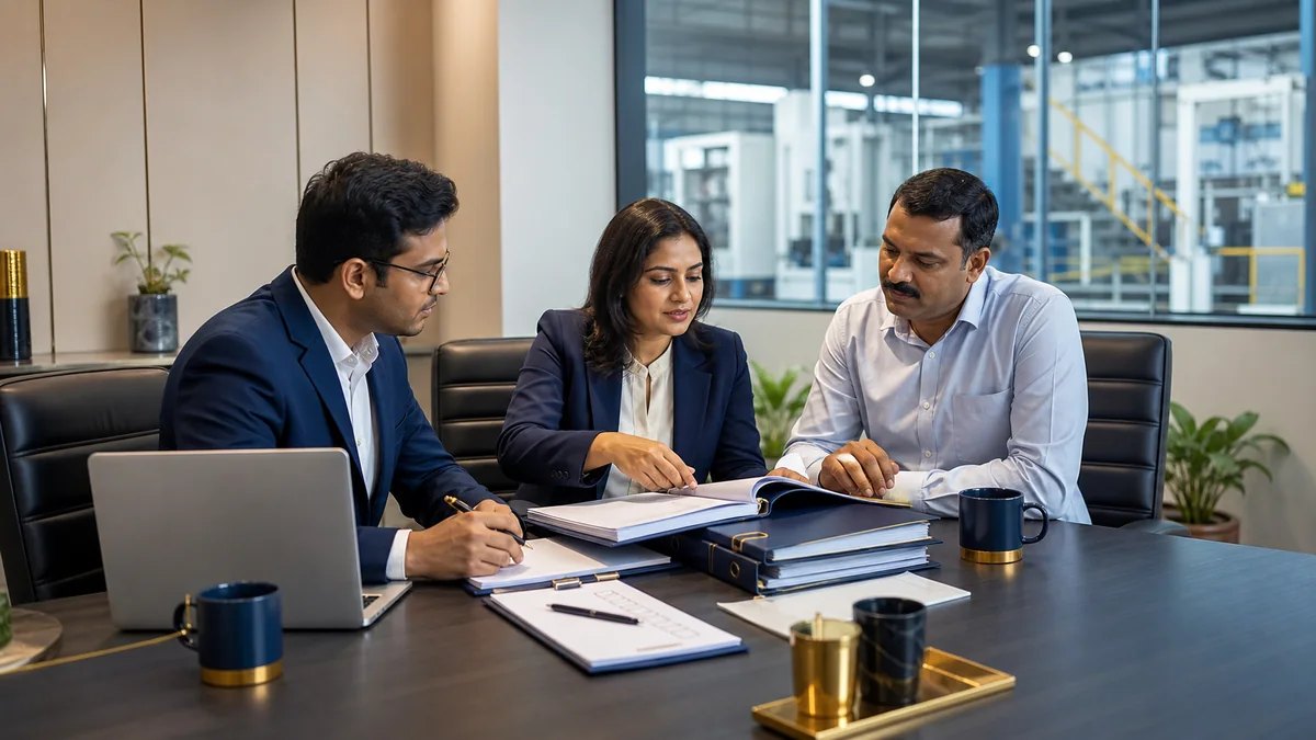 Compliance consultants reviewing audit documents with a factory HR manager